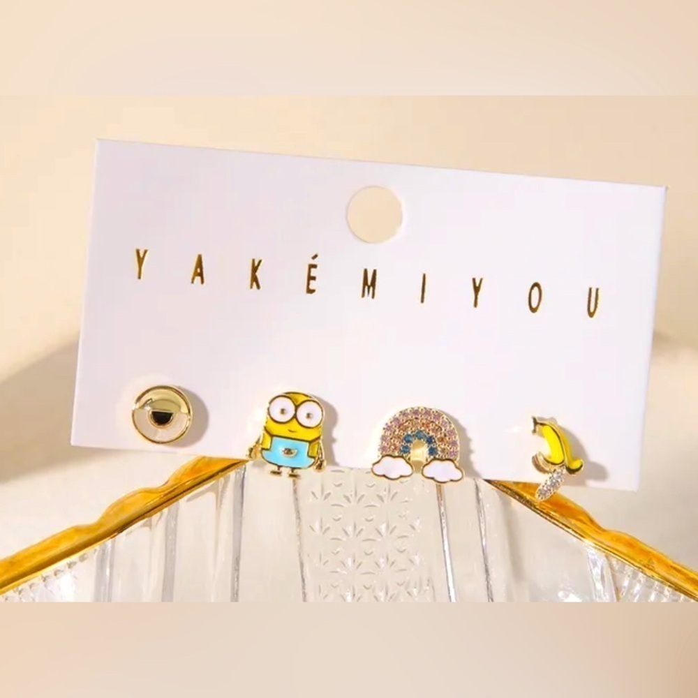 14K Gold Minions Despicable Me Theme Stud Mismatched Earrings Set